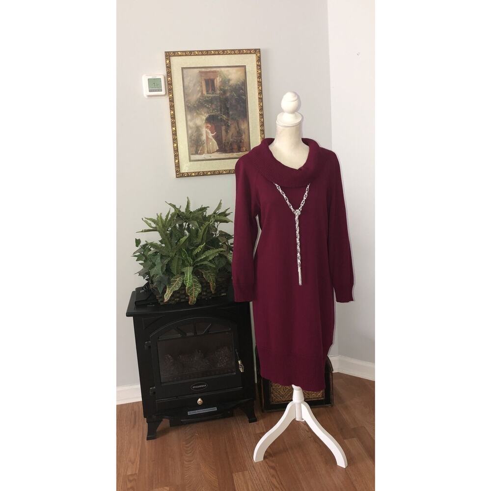 Kim Rogers Women Sweater Dress Size Medium Burgundy Long Sleeve Crowl Neckline
